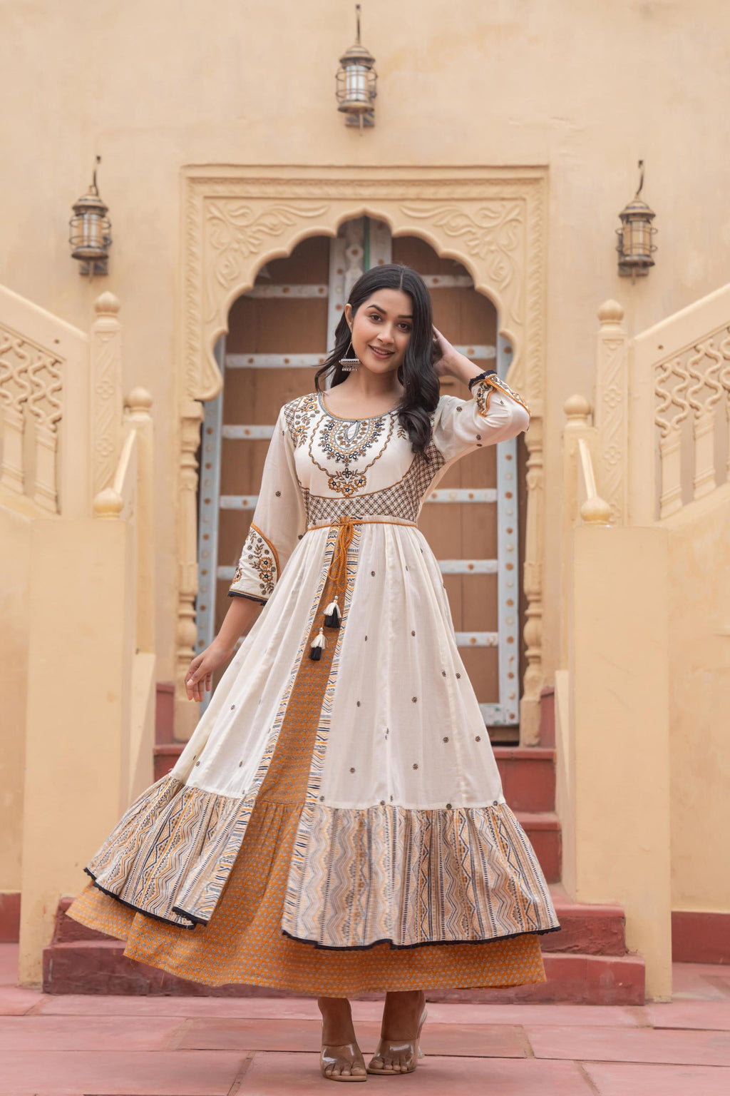Juniper Off White & Mustard Embroidered Tiered Ethnic Dress with Inner Layer | Grocsy