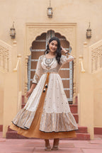 Juniper Off White & Mustard Embroidered Tiered Ethnic Dress with Inner Layer | Grocsy