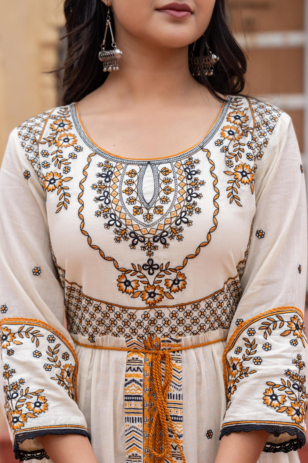 Juniper Off White & Mustard Embroidered Tiered Ethnic Dress with Inner Layer | Grocsy