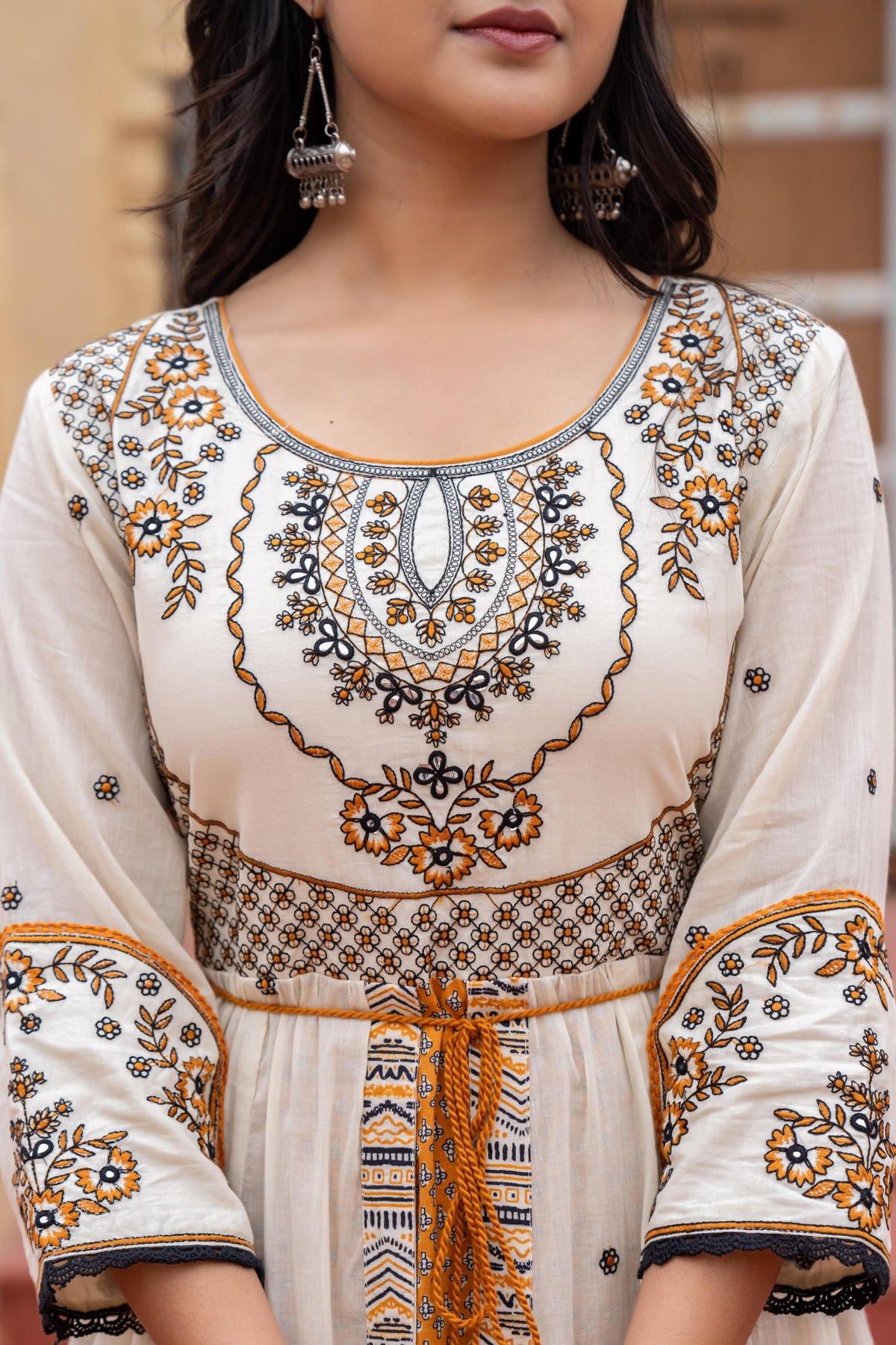 Juniper Off White & Mustard Embroidered Tiered Ethnic Dress with Inner Layer | Grocsy