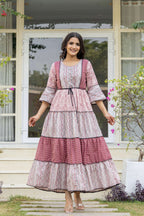 Juniper Red Ethnic Motif Printed Cotton Long Dress With Sequins & Doris | Grocsy