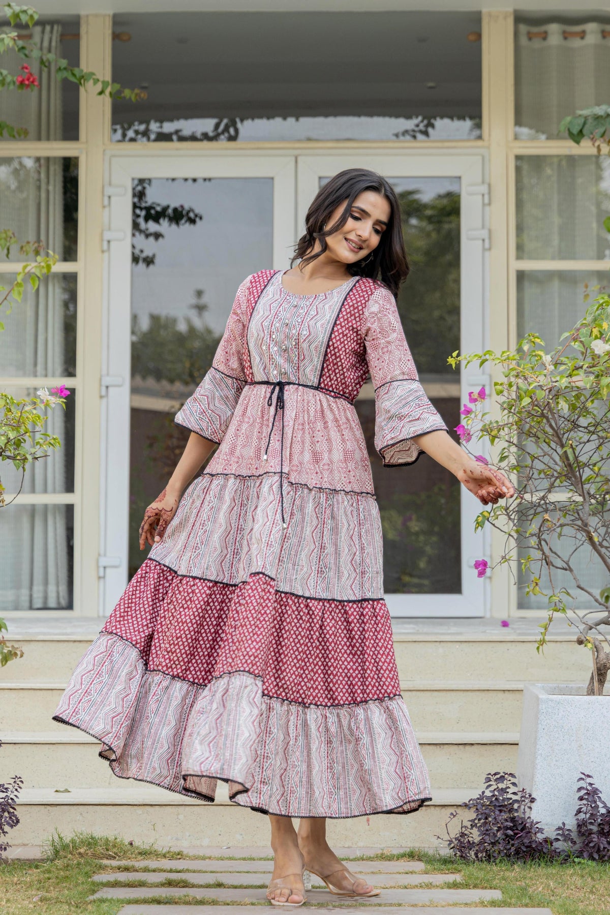 Juniper Red Ethnic Motif Printed Cotton Long Dress With Sequins & Doris | Grocsy