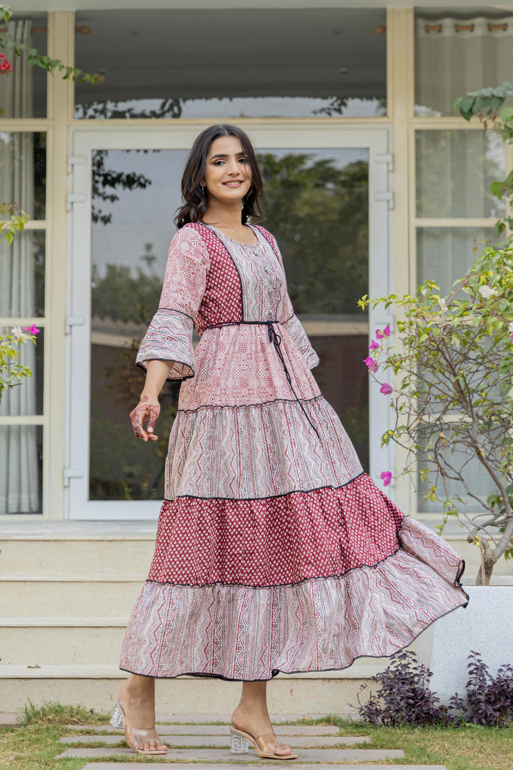 Juniper Red Ethnic Motif Printed Cotton Long Dress With Sequins & Doris | Grocsy