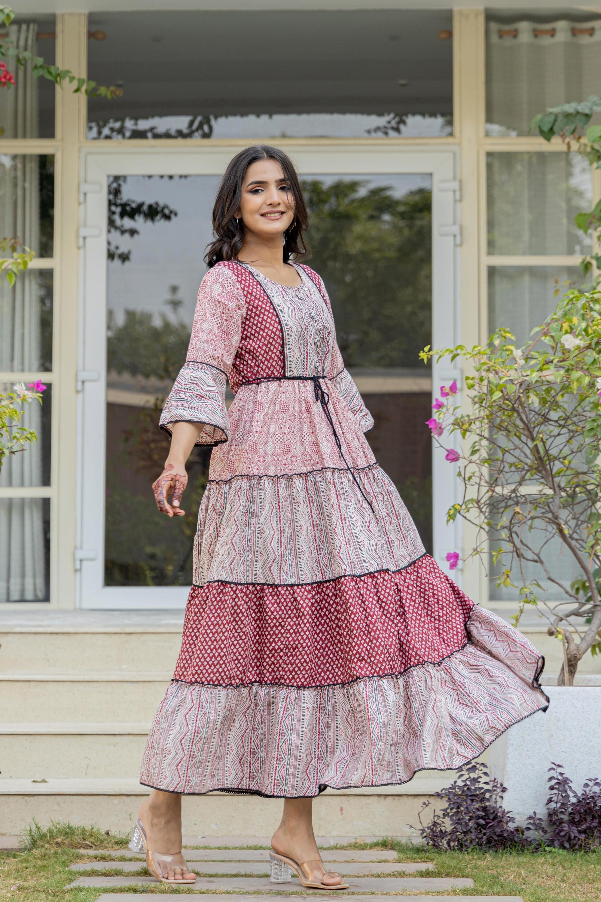 Juniper Red Ethnic Motif Printed Cotton Long Dress With Sequins & Doris | Grocsy