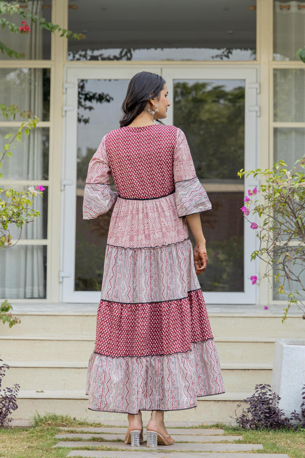 Juniper Red Ethnic Motif Printed Cotton Long Dress With Sequins & Doris | Grocsy