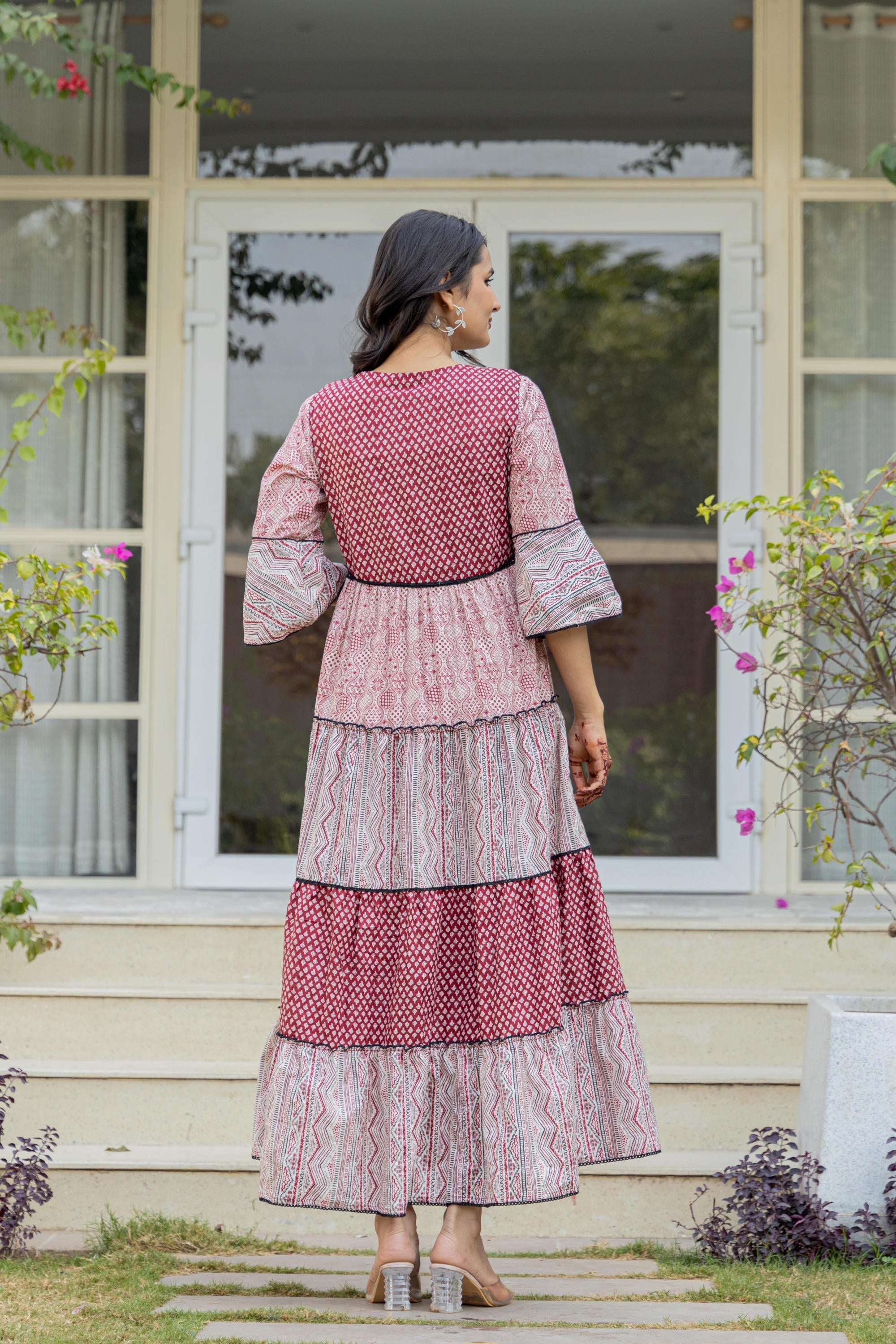 Juniper Red Ethnic Motif Printed Cotton Long Dress With Sequins & Doris | Grocsy
