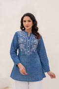 Juniper Blue Solid Cotton Tunic With Thread Work & Buttons | Grocsy