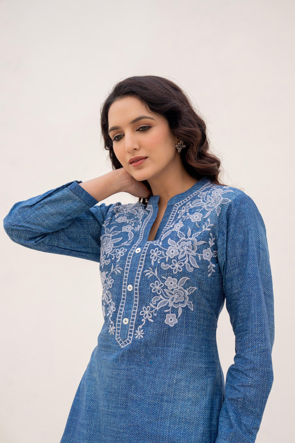 Juniper Blue Solid Cotton Tunic With Thread Work And Buttons | Grocsy