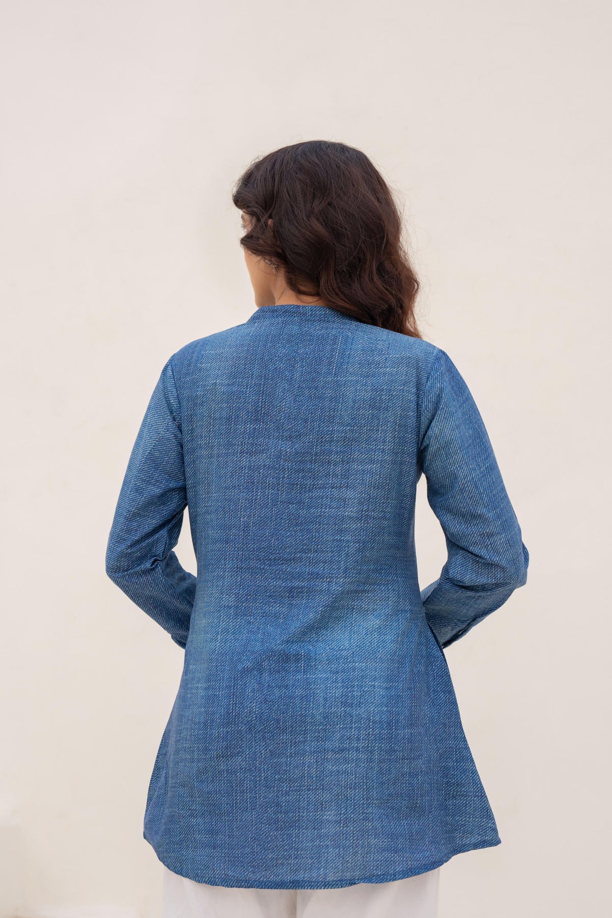 Juniper Blue Solid Cotton Tunic With Thread Work And Buttons | Grocsy