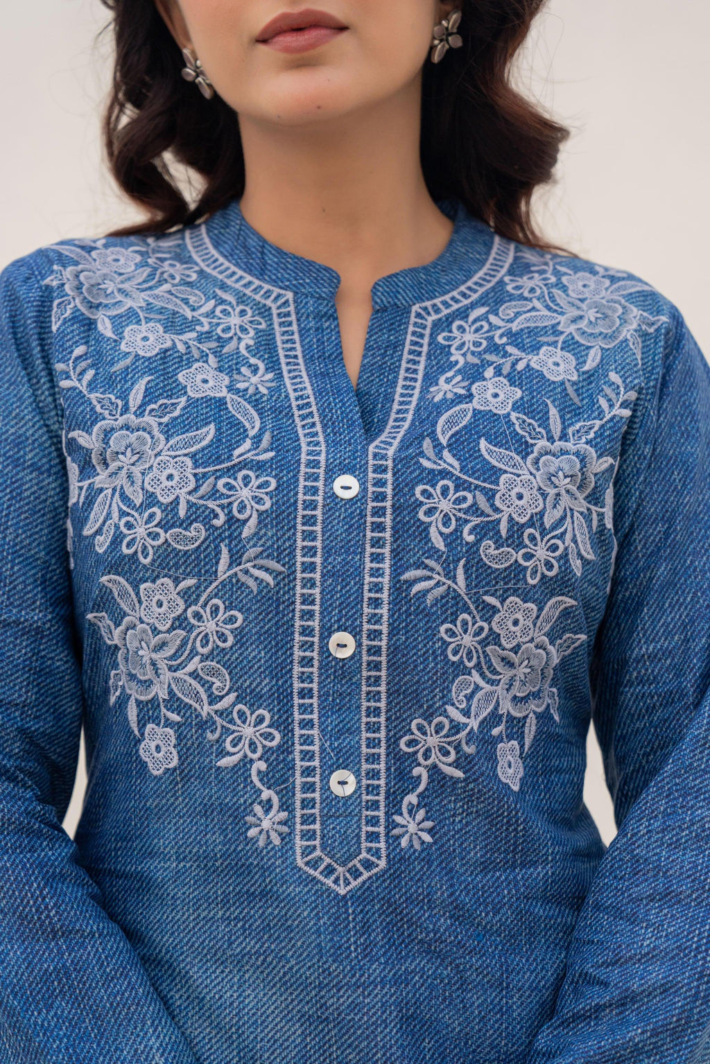 Juniper Blue Solid Cotton Tunic With Thread Work And Buttons | Grocsy