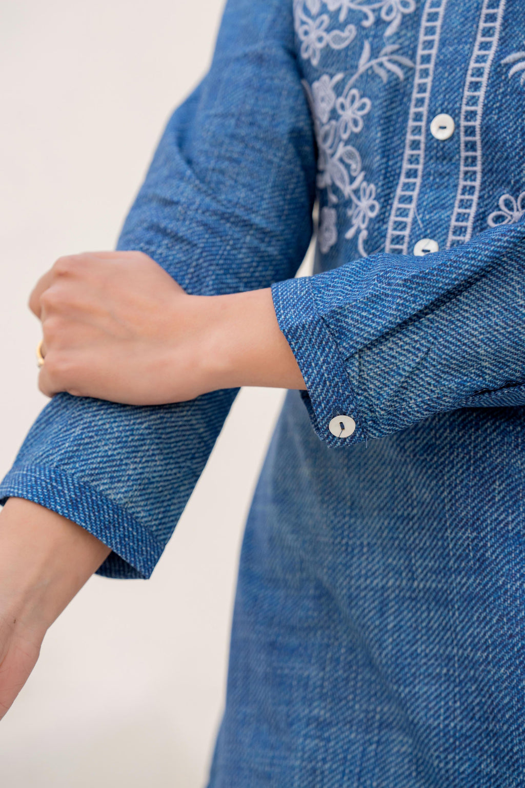 Juniper Blue Solid Cotton Tunic With Thread Work And Buttons | Grocsy