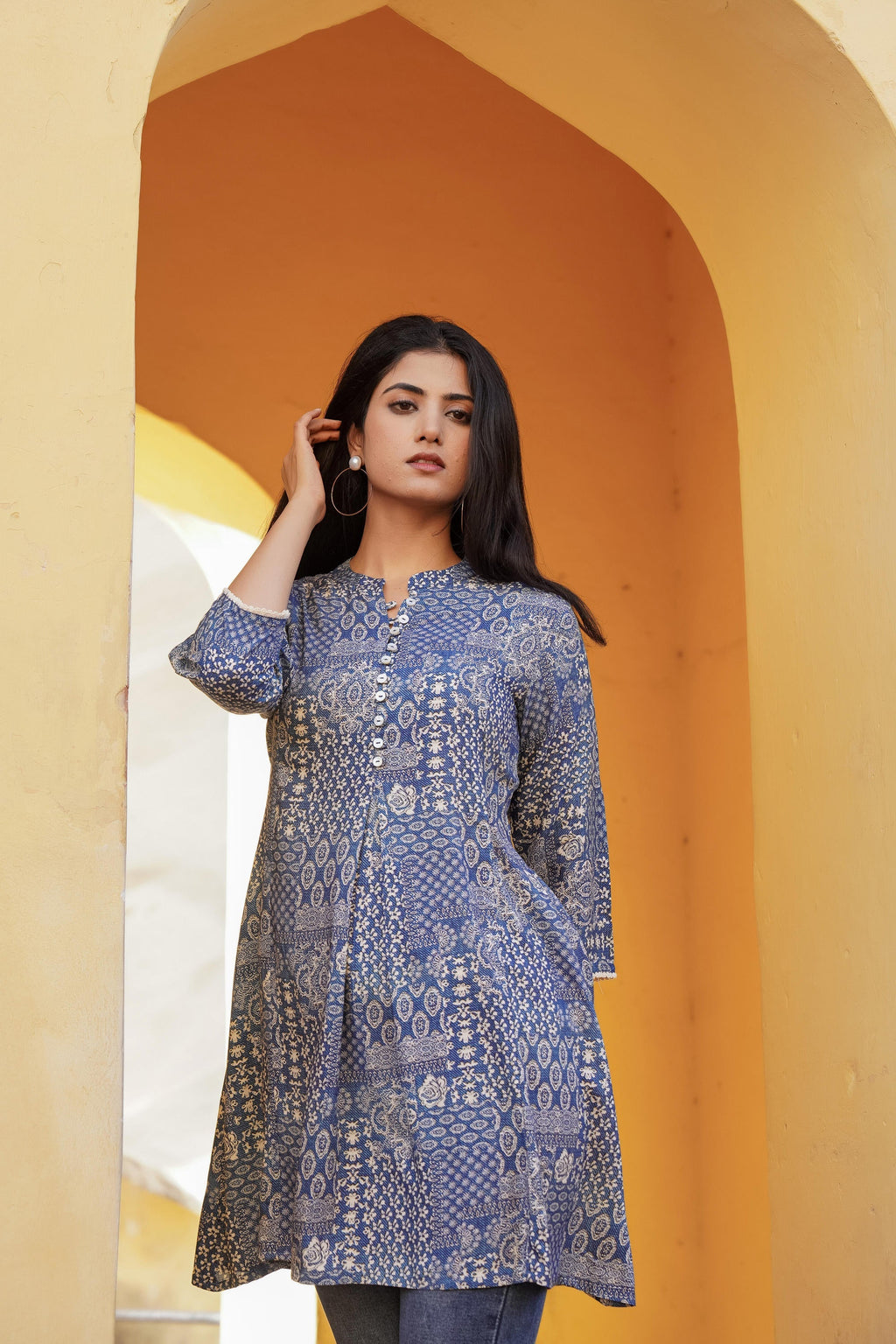 Juniper Blue Ethnic Motif Printed Viscose Tunic With Buttons | Grocsy