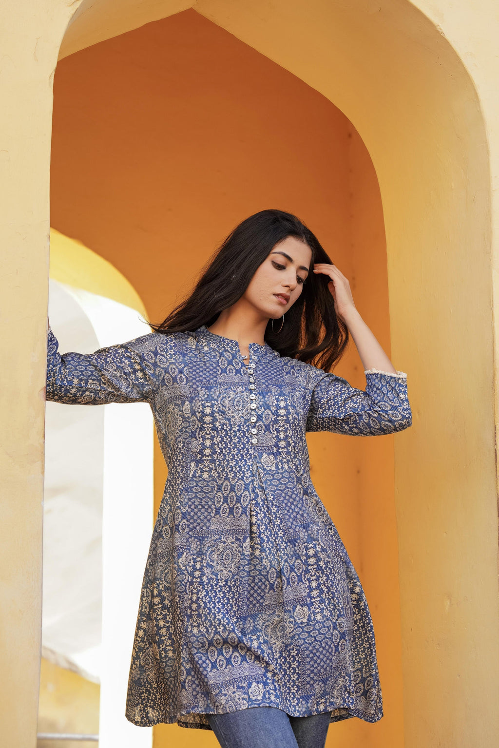 Juniper Blue Ethnic Motif Printed Viscose Tunic With Buttons | Grocsy