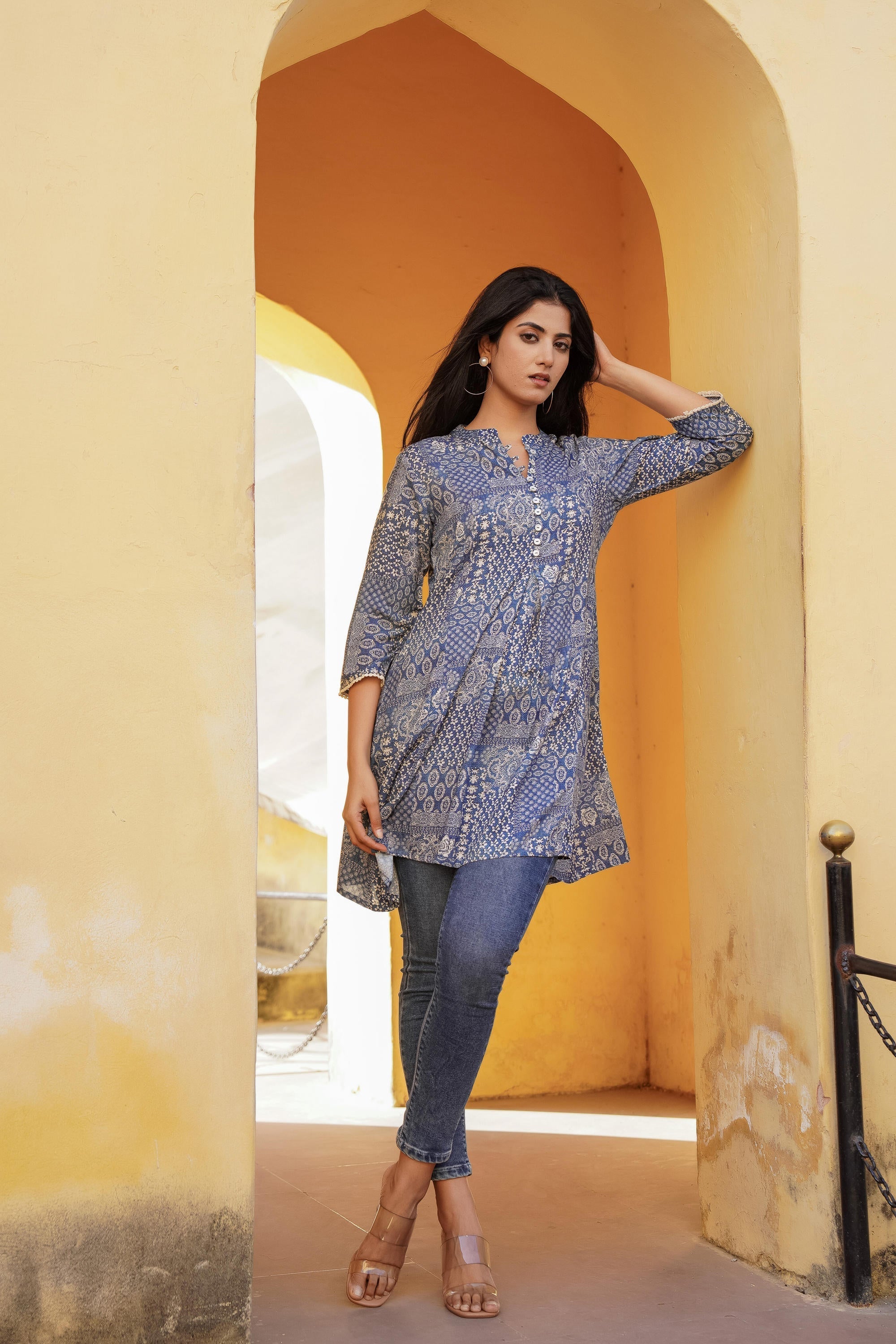Juniper Blue Ethnic Motif Printed Viscose Tunic With Buttons | Grocsy