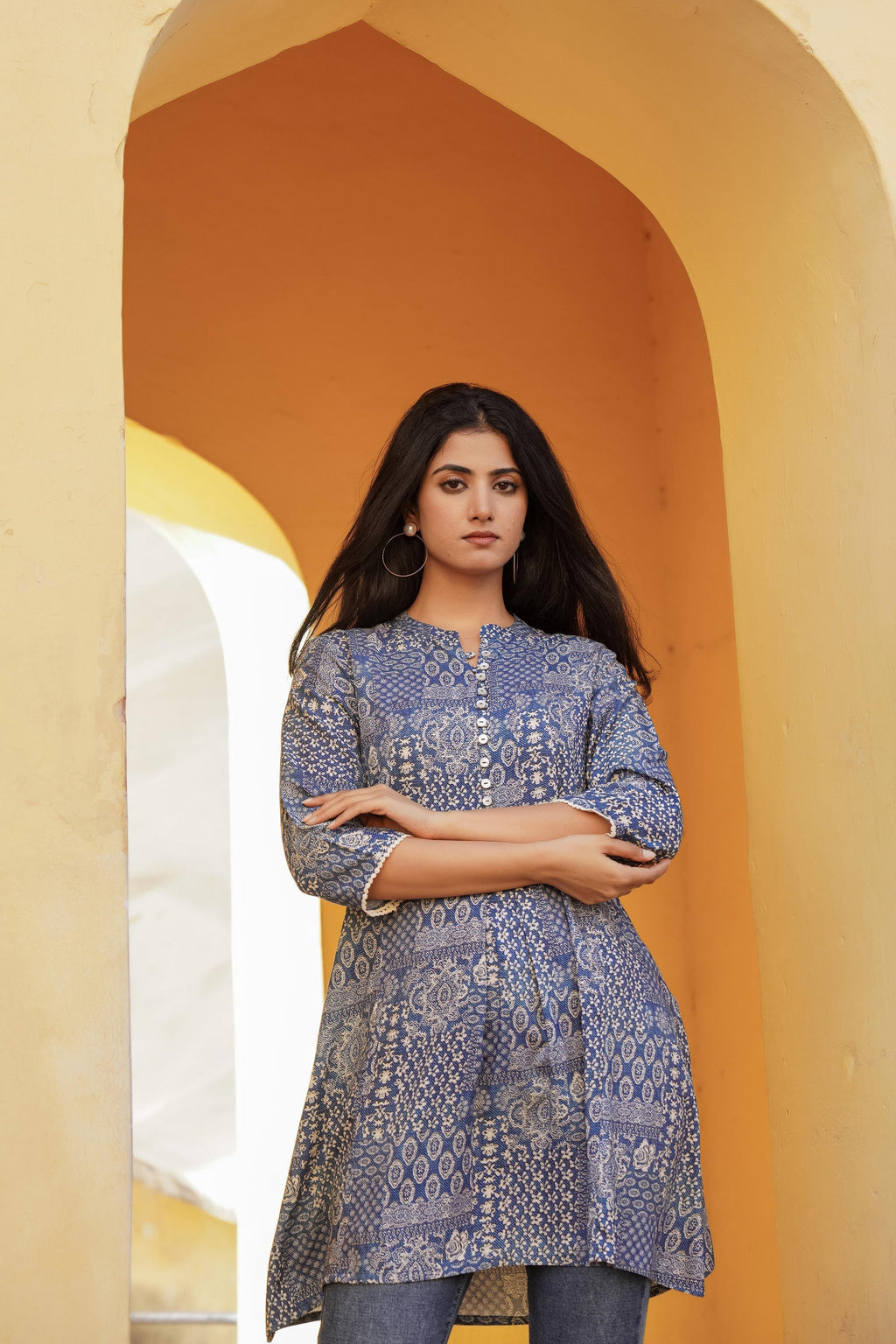 Juniper Blue Ethnic Motif Printed Viscose Tunic With Buttons | Grocsy