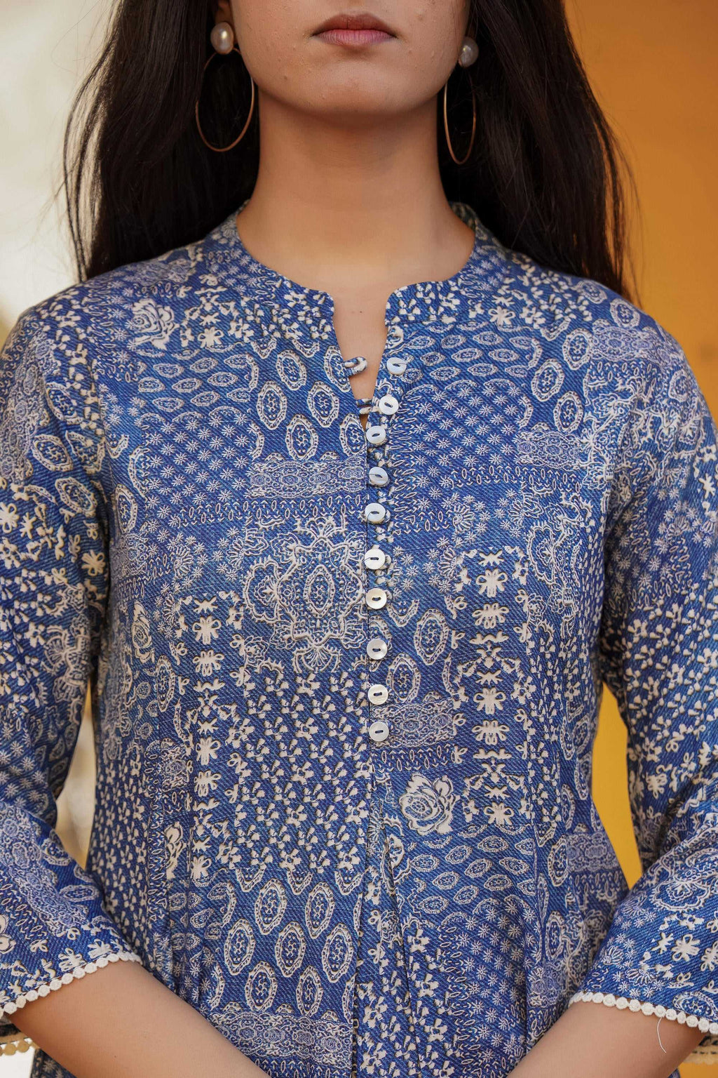 Juniper Blue Ethnic Motif Printed Viscose Tunic With Buttons | Grocsy