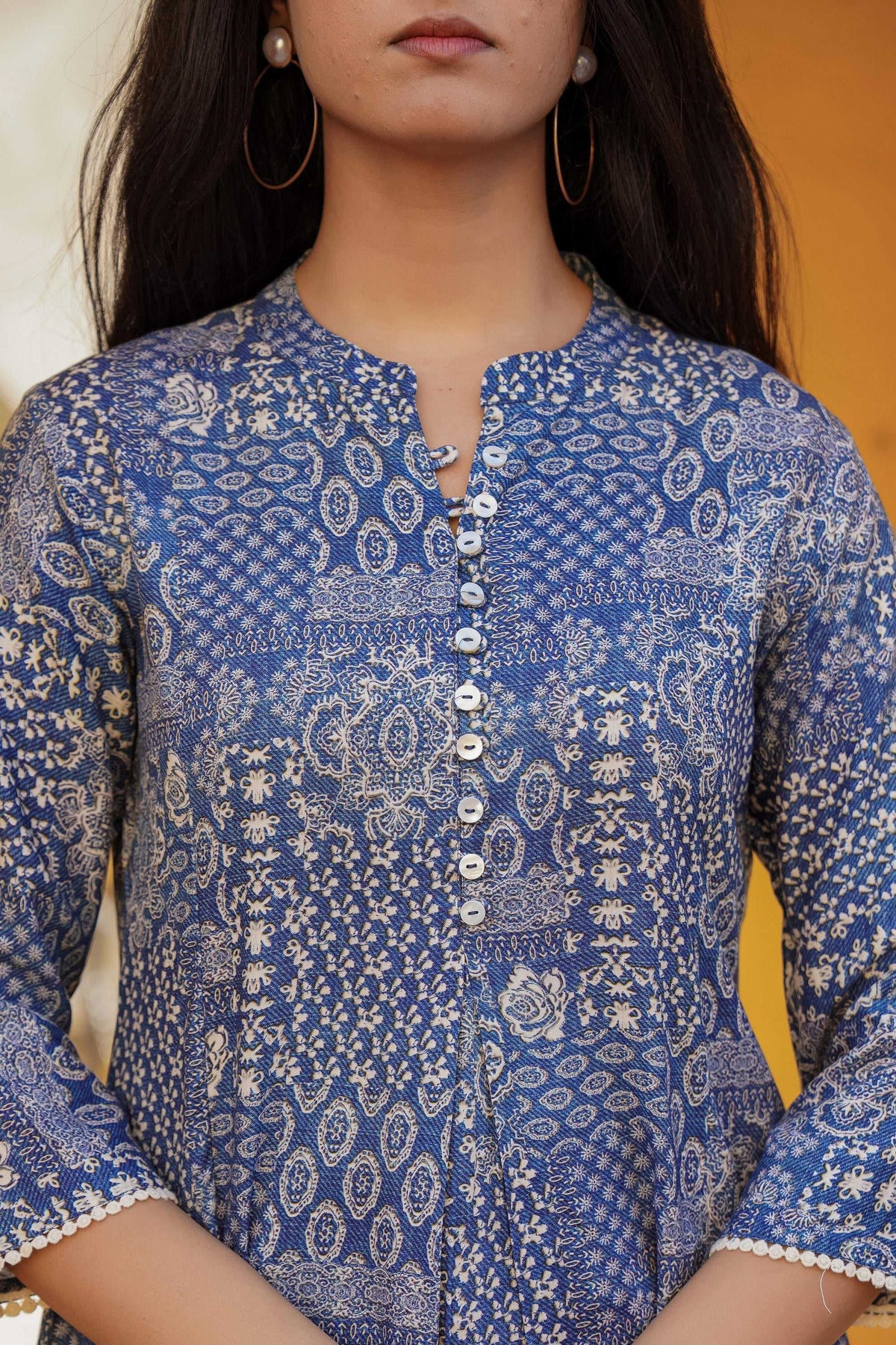 Juniper Blue Ethnic Motif Printed Viscose Tunic With Buttons | Grocsy