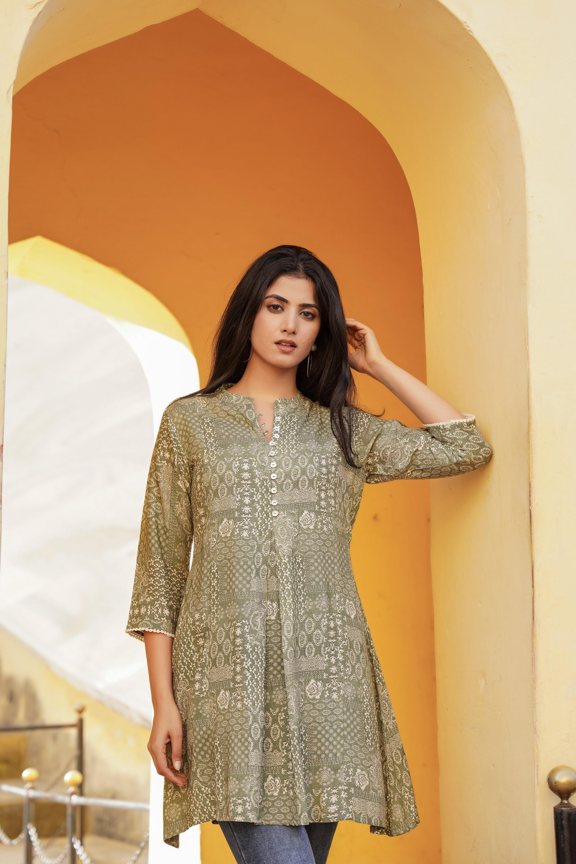 Juniper Green Ethnic Motif Printed Viscose Tunic With Buttons | Grocsy