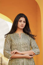 Juniper Green Ethnic Motif Printed Viscose Tunic With Buttons | Grocsy