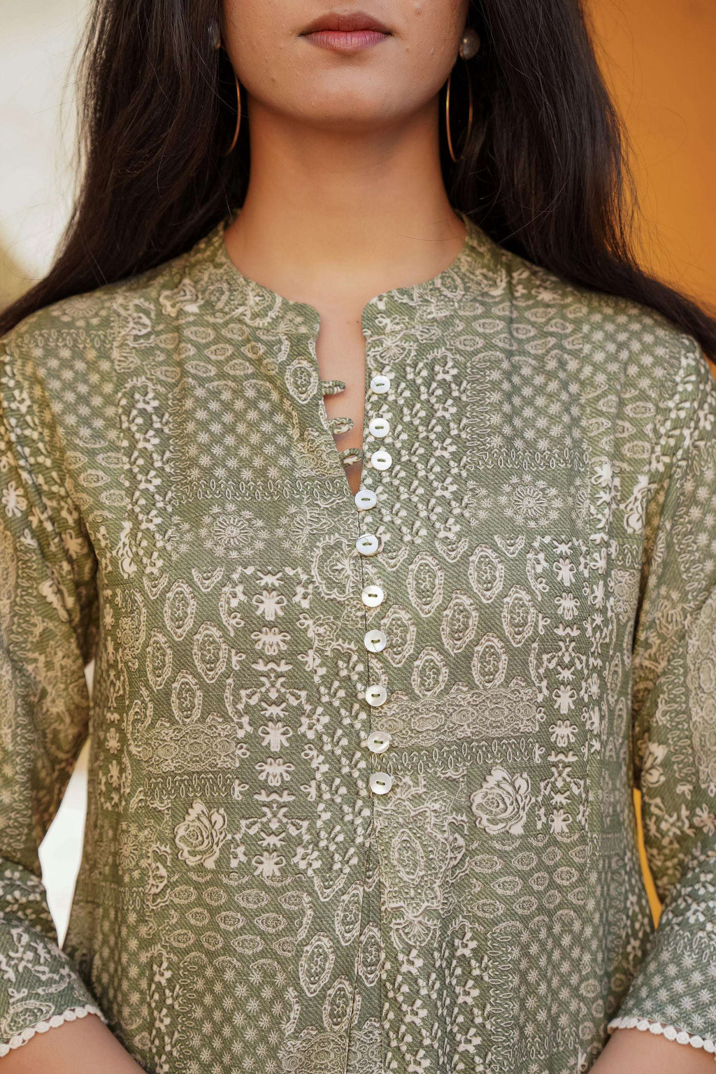 Juniper Green Ethnic Motif Printed Viscose Tunic With Buttons | Grocsy