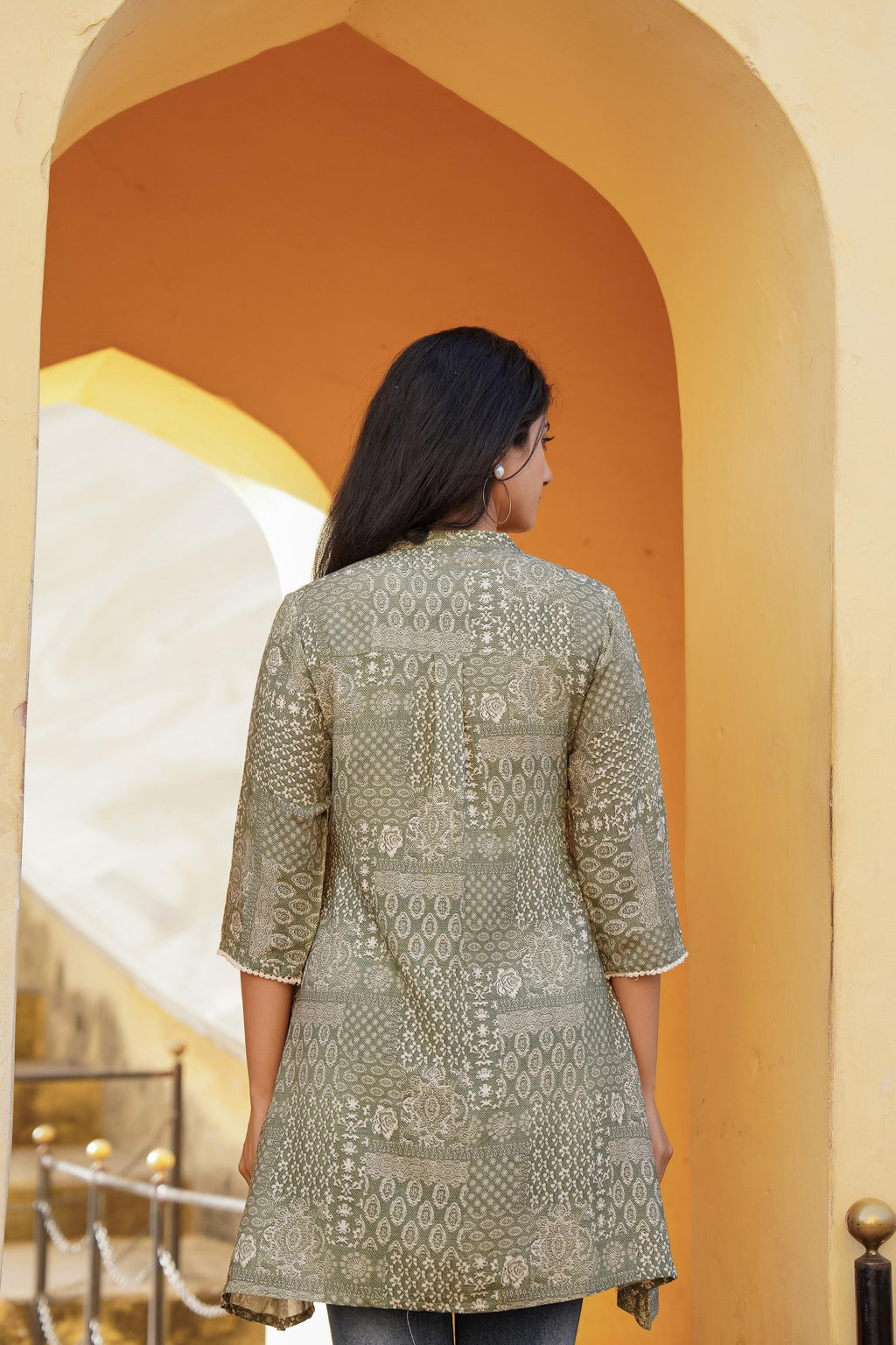 Juniper Green Ethnic Motif Printed Viscose Tunic With Buttons | Grocsy