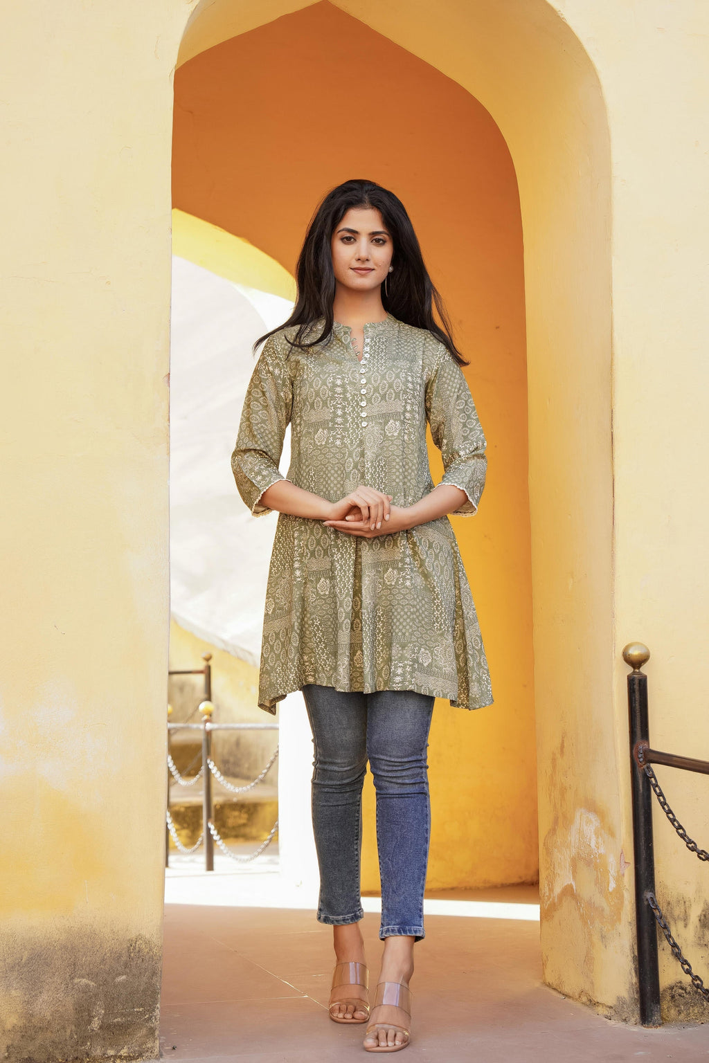 Juniper Green Ethnic Motif Printed Viscose Tunic With Buttons | Grocsy