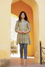 Juniper Green Ethnic Motif Printed Viscose Tunic With Buttons | Grocsy