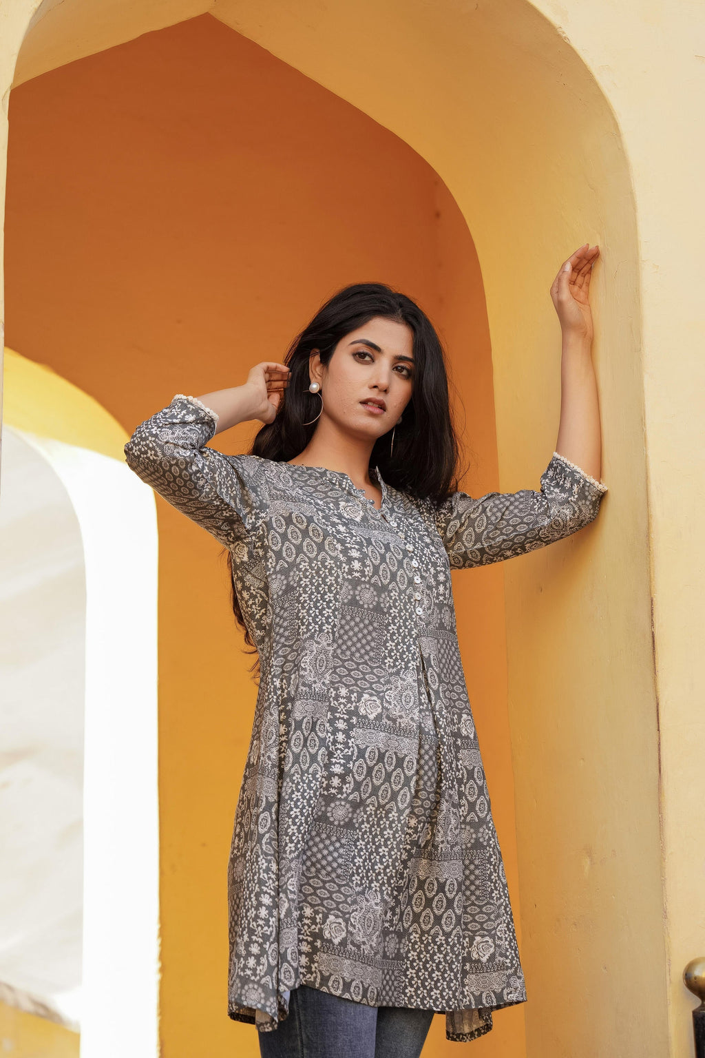Juniper Grey Ethnic Motif Printed Viscose Tunic With Buttons | Grocsy