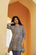Juniper Grey Ethnic Motif Printed Viscose Tunic With Buttons | Grocsy