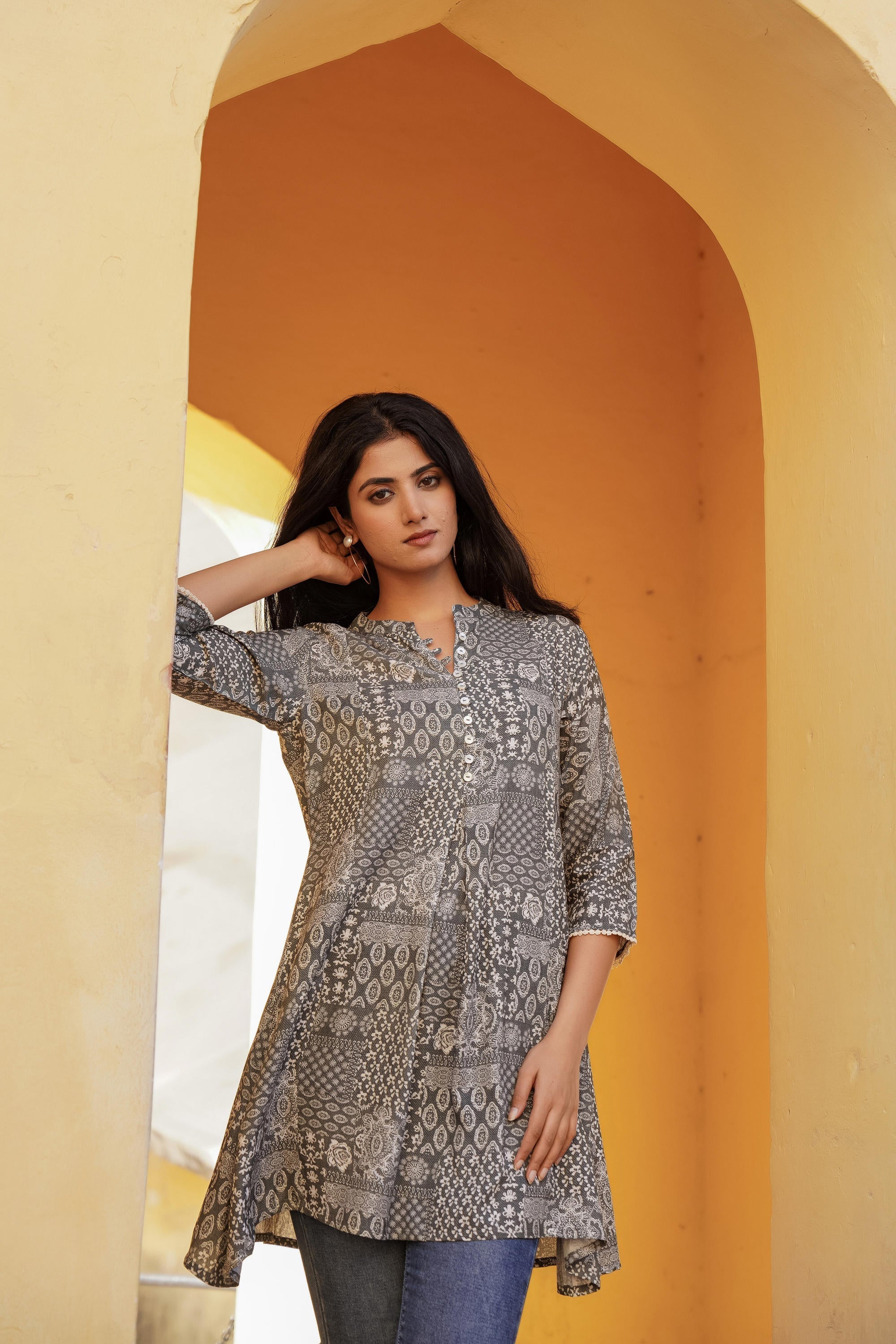 Juniper Grey Ethnic Motif Printed Viscose Tunic With Buttons | Grocsy
