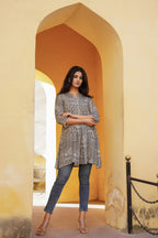 Juniper Grey Ethnic Motif Printed Viscose Tunic With Buttons | Grocsy