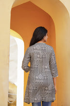 Juniper Grey Ethnic Motif Printed Viscose Tunic With Buttons | Grocsy