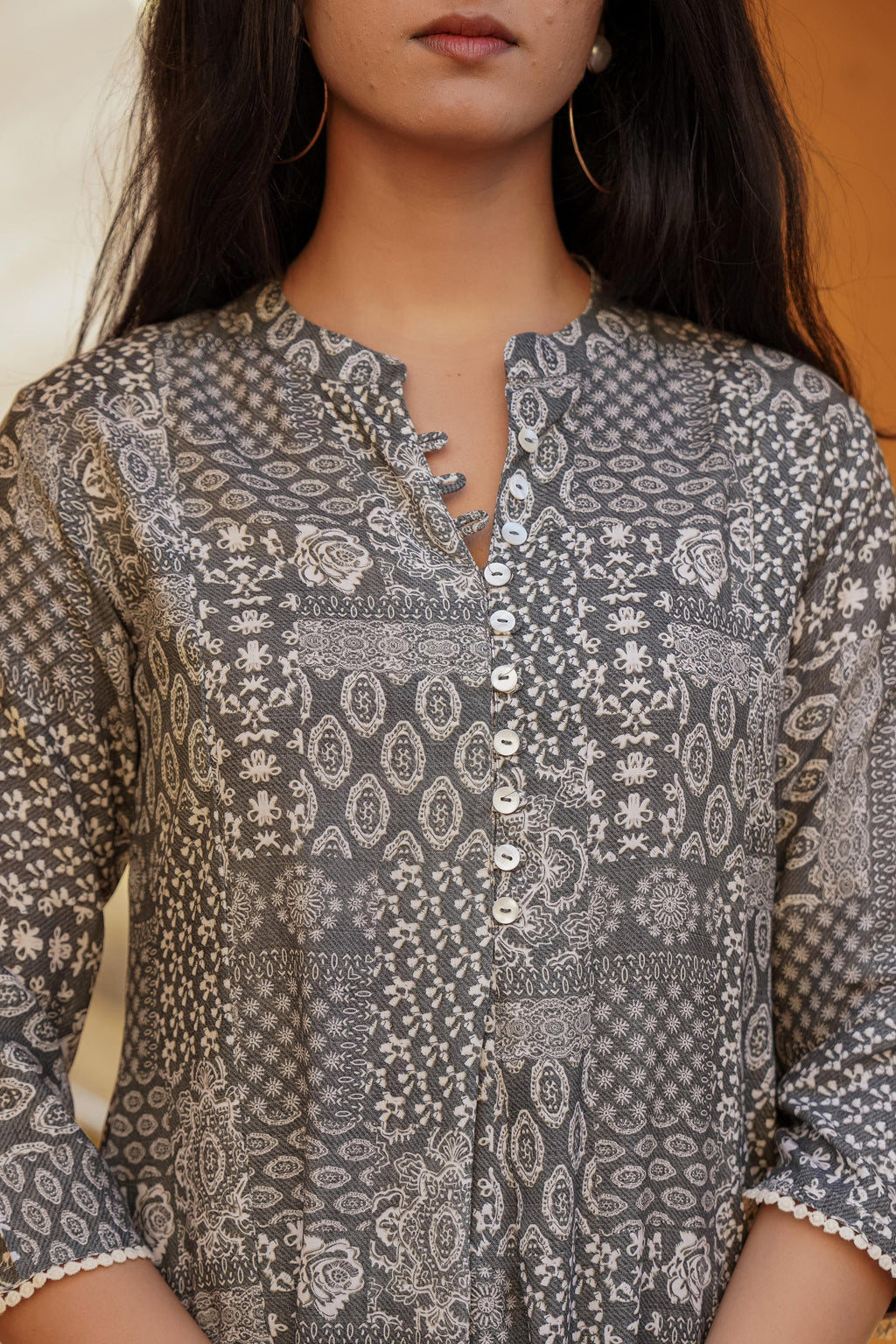 Juniper Grey Ethnic Motif Printed Viscose Tunic With Buttons | Grocsy