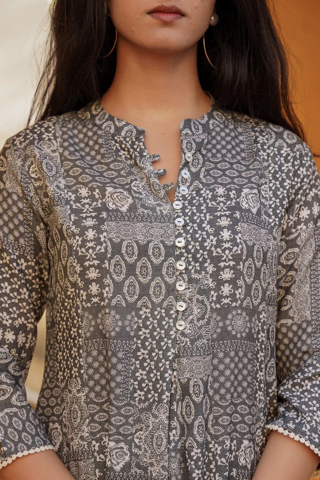 Juniper Grey Ethnic Motif Printed Viscose Tunic With Buttons | Grocsy