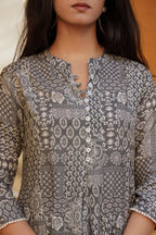 Juniper Grey Ethnic Motif Printed Viscose Tunic With Buttons | Grocsy