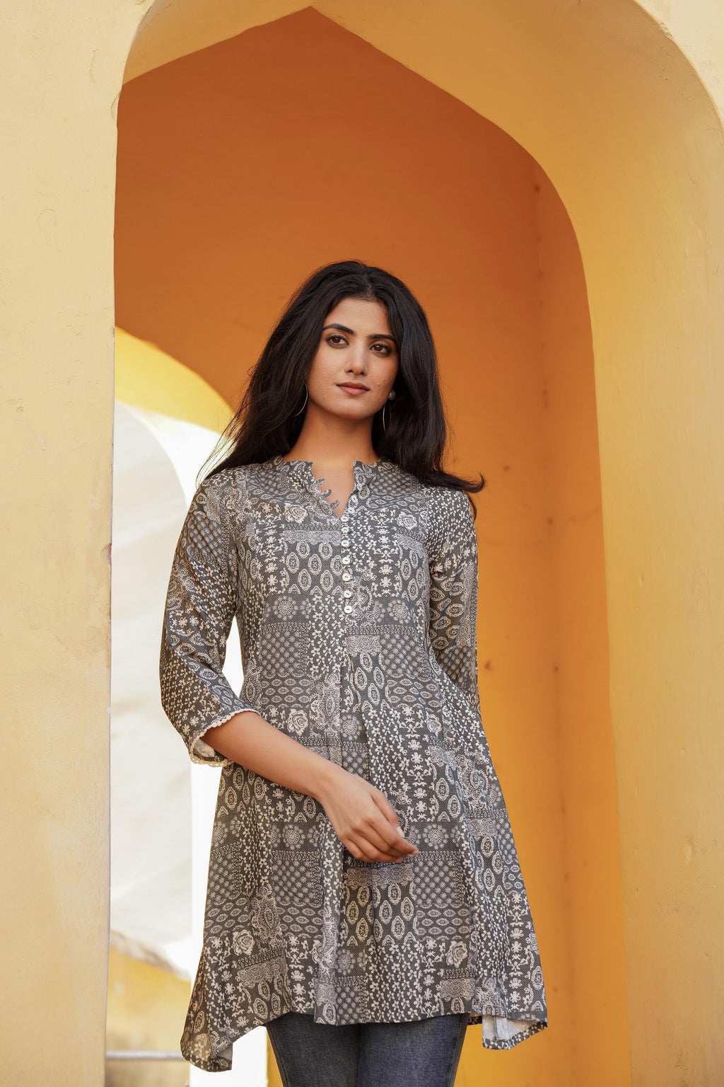 Juniper Grey Ethnic Motif Printed Viscose Tunic With Buttons | Grocsy
