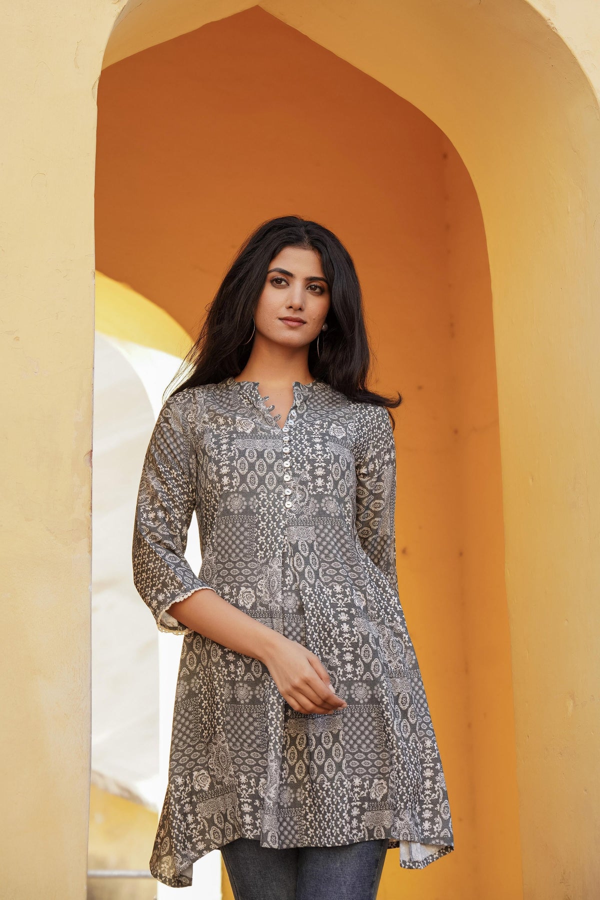 Juniper Grey Ethnic Motif Printed Viscose Tunic With Buttons | Grocsy
