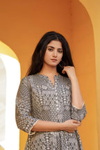 Juniper Grey Ethnic Motif Printed Viscose Tunic With Buttons | Grocsy