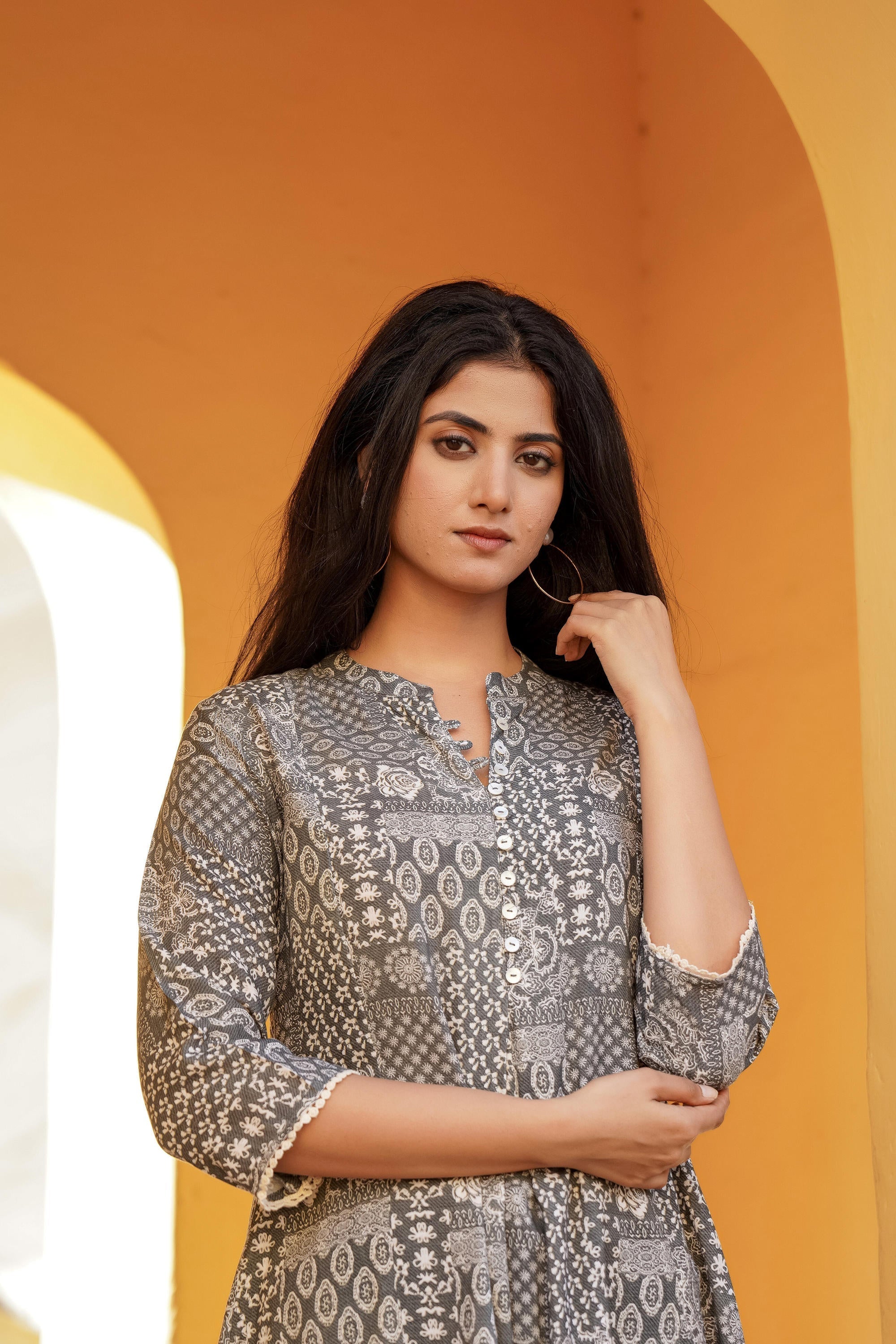 Juniper Grey Ethnic Motif Printed Viscose Tunic With Buttons | Grocsy