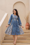 Juniper Blue Printed Cotton Dress With Lace & Buttons | Grocsy