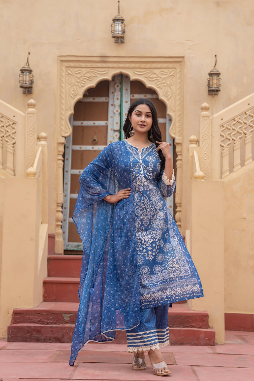 Juniper Indigo Blue Bloom Ethnic Print Straight Kurta Set With Dupatta | Grocsy