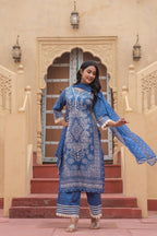Juniper Indigo Blue Bloom Ethnic Print Straight Kurta Set With Dupatta | Grocsy