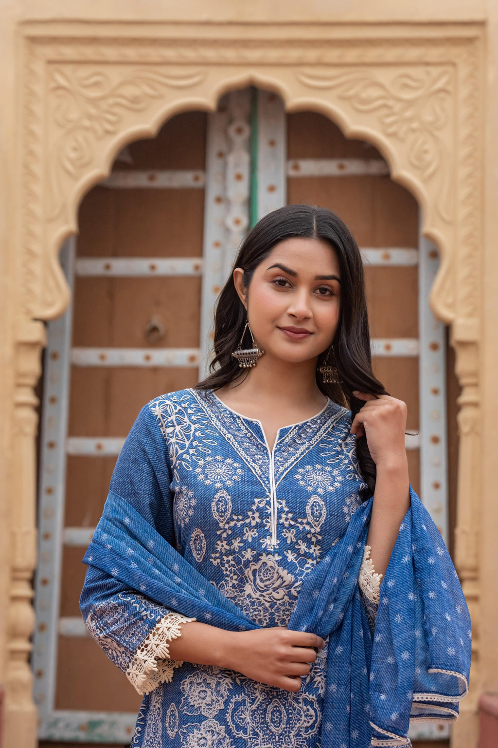Juniper Indigo Blue Bloom Ethnic Print Straight Kurta Set With Dupatta | Grocsy