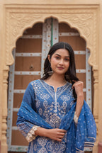 Juniper Indigo Blue Bloom Ethnic Print Straight Kurta Set With Dupatta | Grocsy