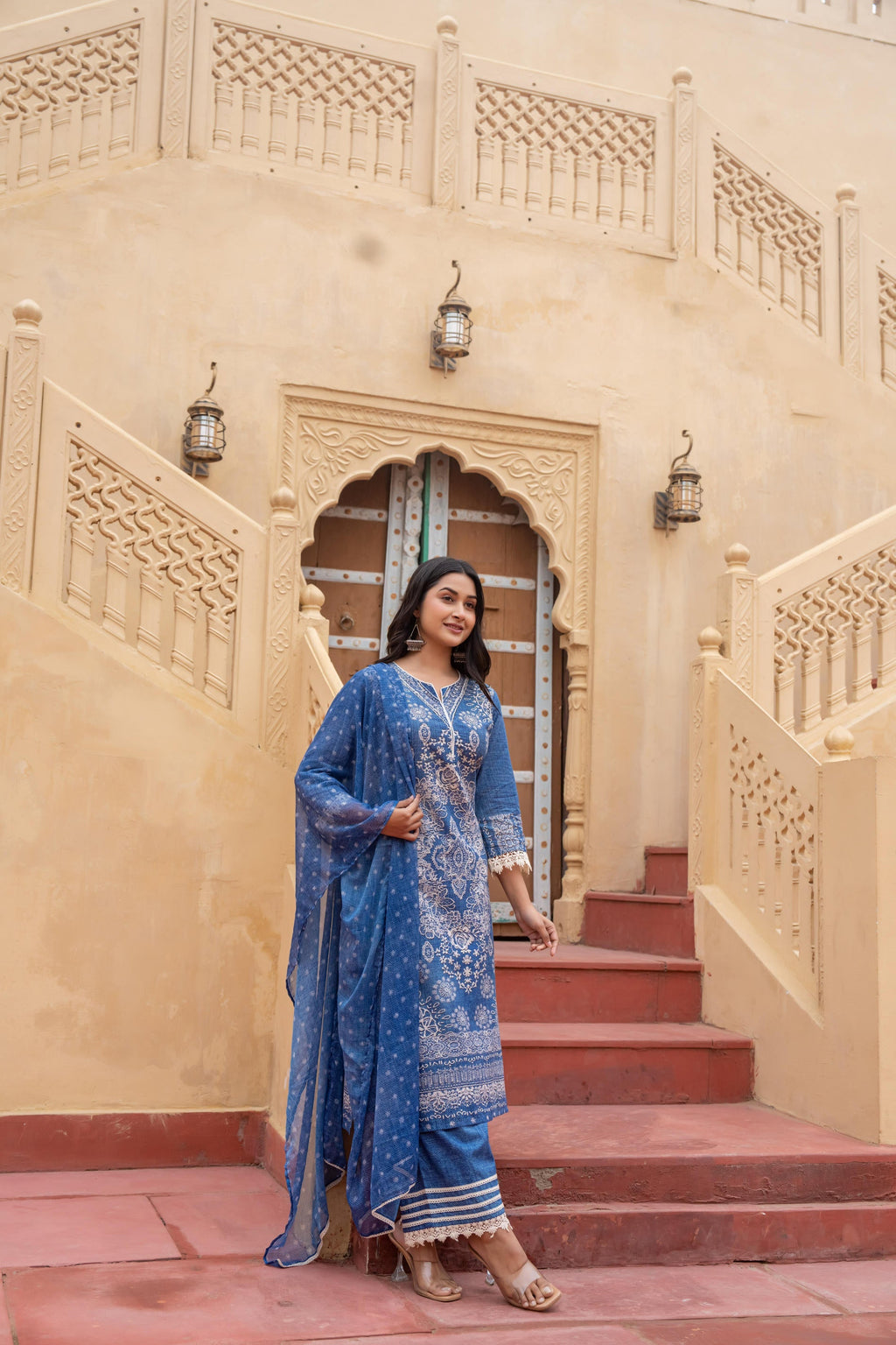 Juniper Indigo Blue Bloom Ethnic Print Straight Kurta Set With Dupatta | Grocsy