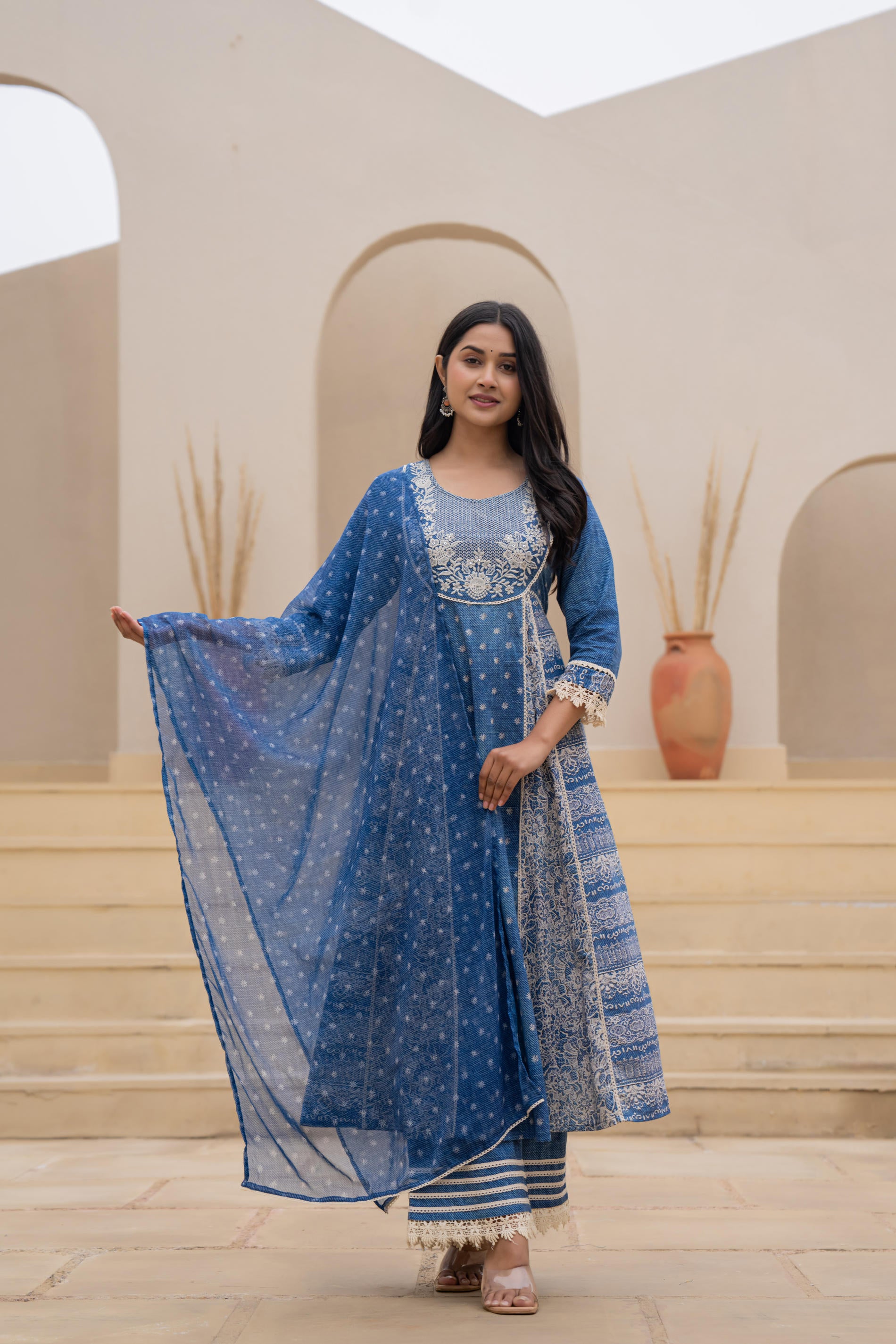 Juniper Indigo Blue Breeze Printed & Embroidered Anarkali Kurta Set With Dupatta | Grocsy