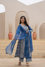 Juniper Indigo Blue Breeze Printed & Embroidered Anarkali Kurta Set With Dupatta | Grocsy