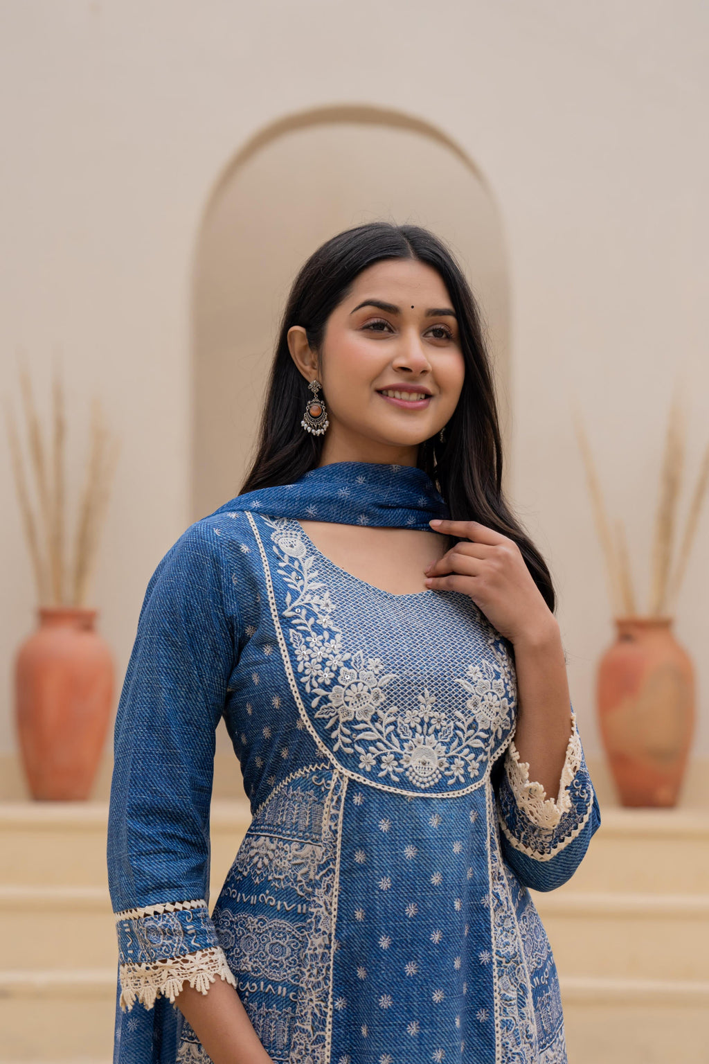 Juniper Indigo Blue Breeze Printed & Embroidered Anarkali Kurta Set With Dupatta | Grocsy
