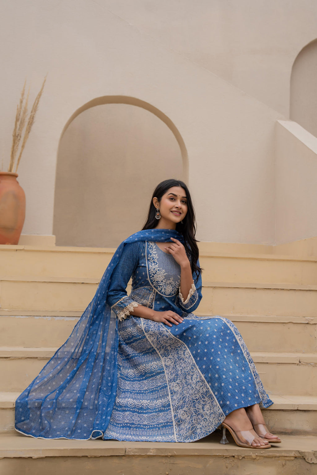 Juniper Indigo Blue Breeze Printed & Embroidered Anarkali Kurta Set With Dupatta | Grocsy