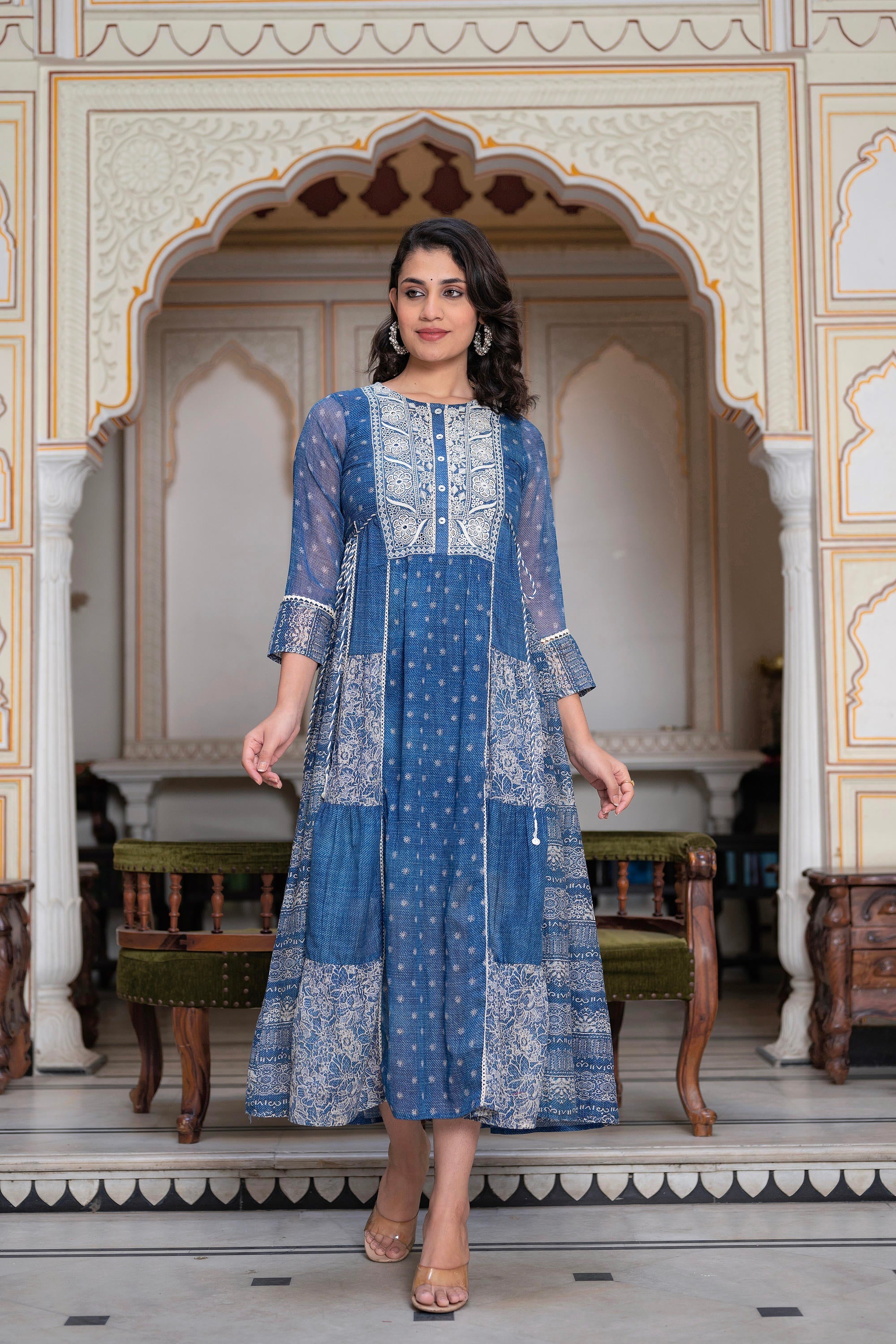 Juniper Blue Floral Embroidered Cotton Dress with Tassels & Denim Look | Grocsy